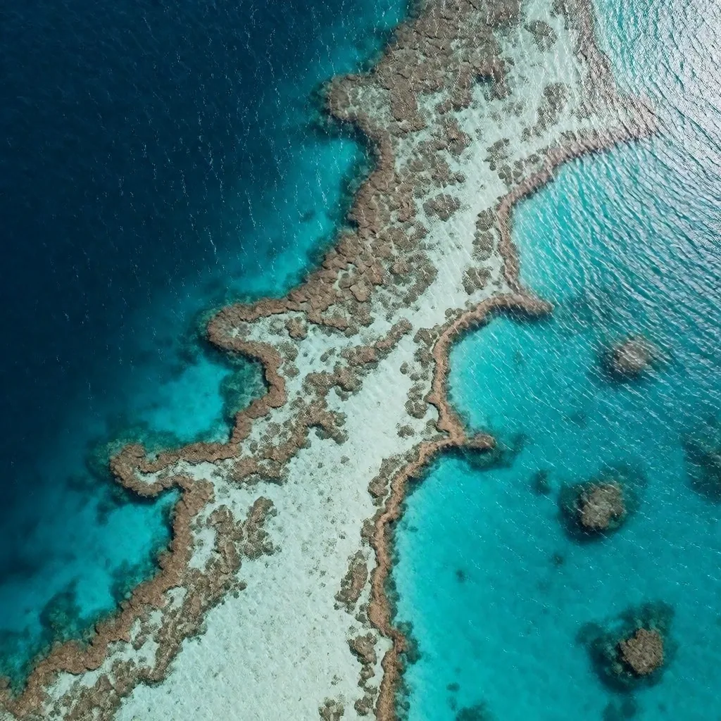 Aerial view of Red Sea coral reef shallows transitioning to deep blue water