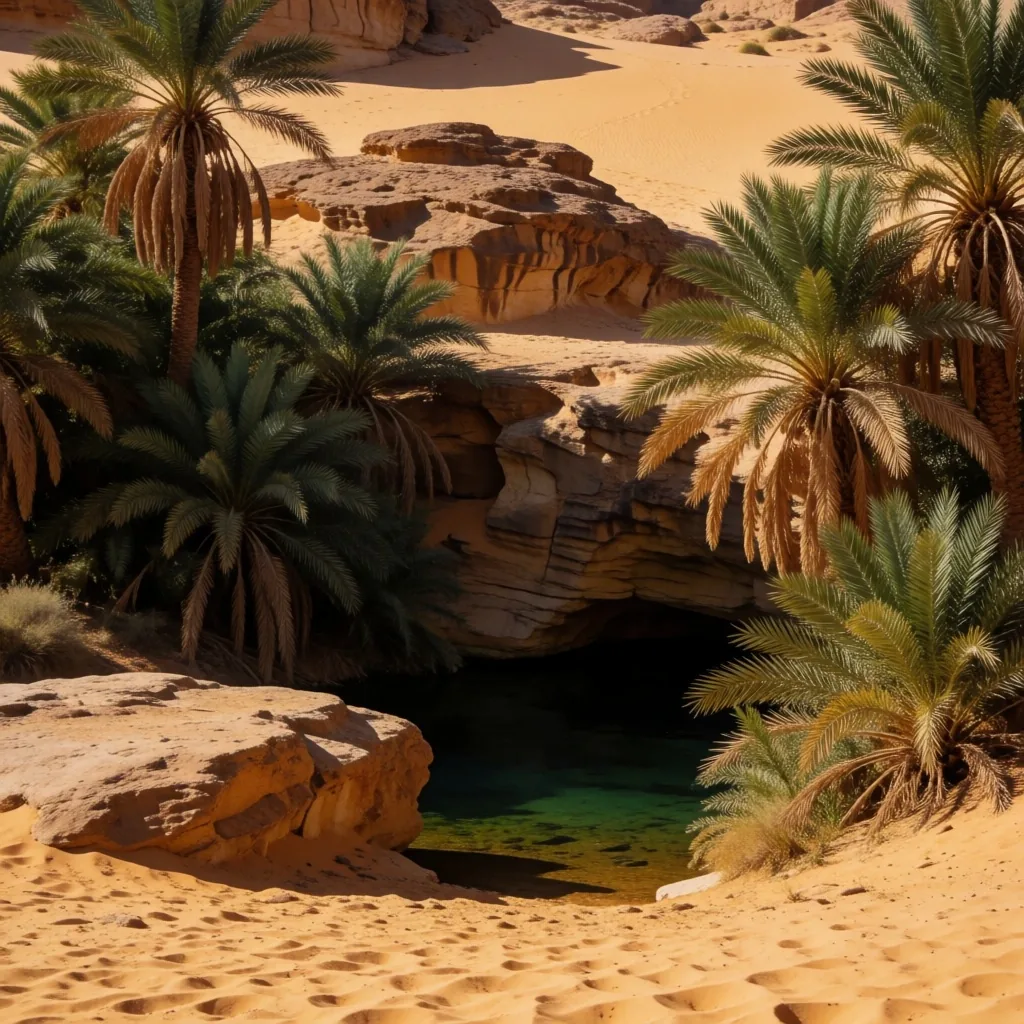 Desert oasis with date palms fed by a natural spring among sand dunes