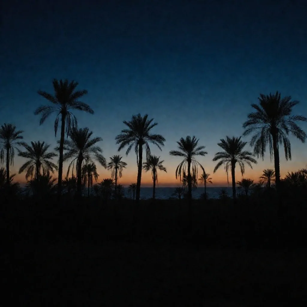 Palm trees silhouetted against a dusk sky over the Red Sea coast