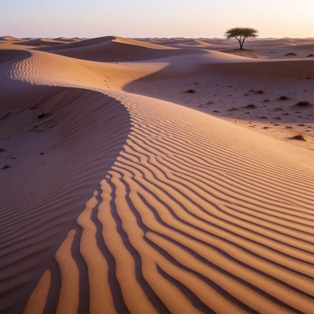 Rippled desert sand dunes at dawn showing fine wind-carved ridges