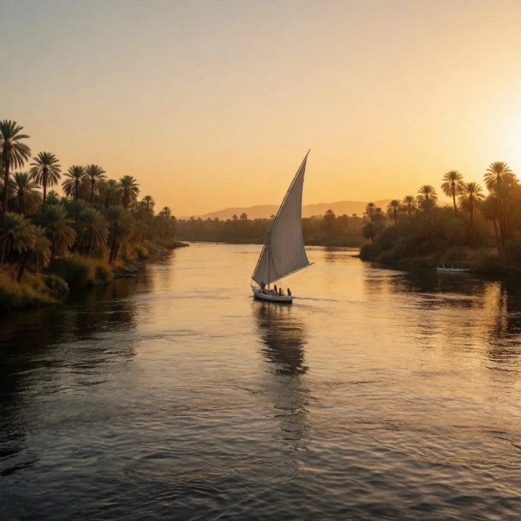 The Nile at golden hour with palm groves on both banks and a felucca drifting mid-river