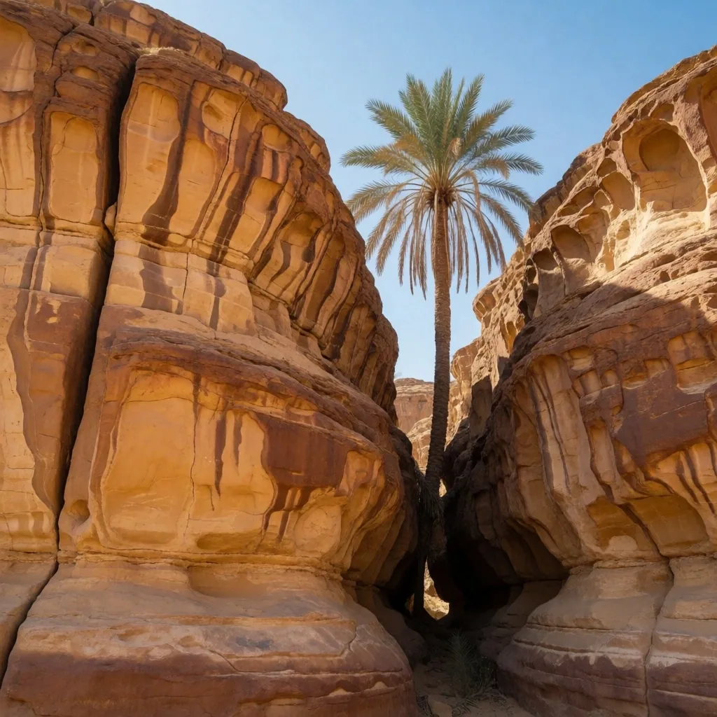 Weathered sandstone rock formations with a palm tree growing from a crevice