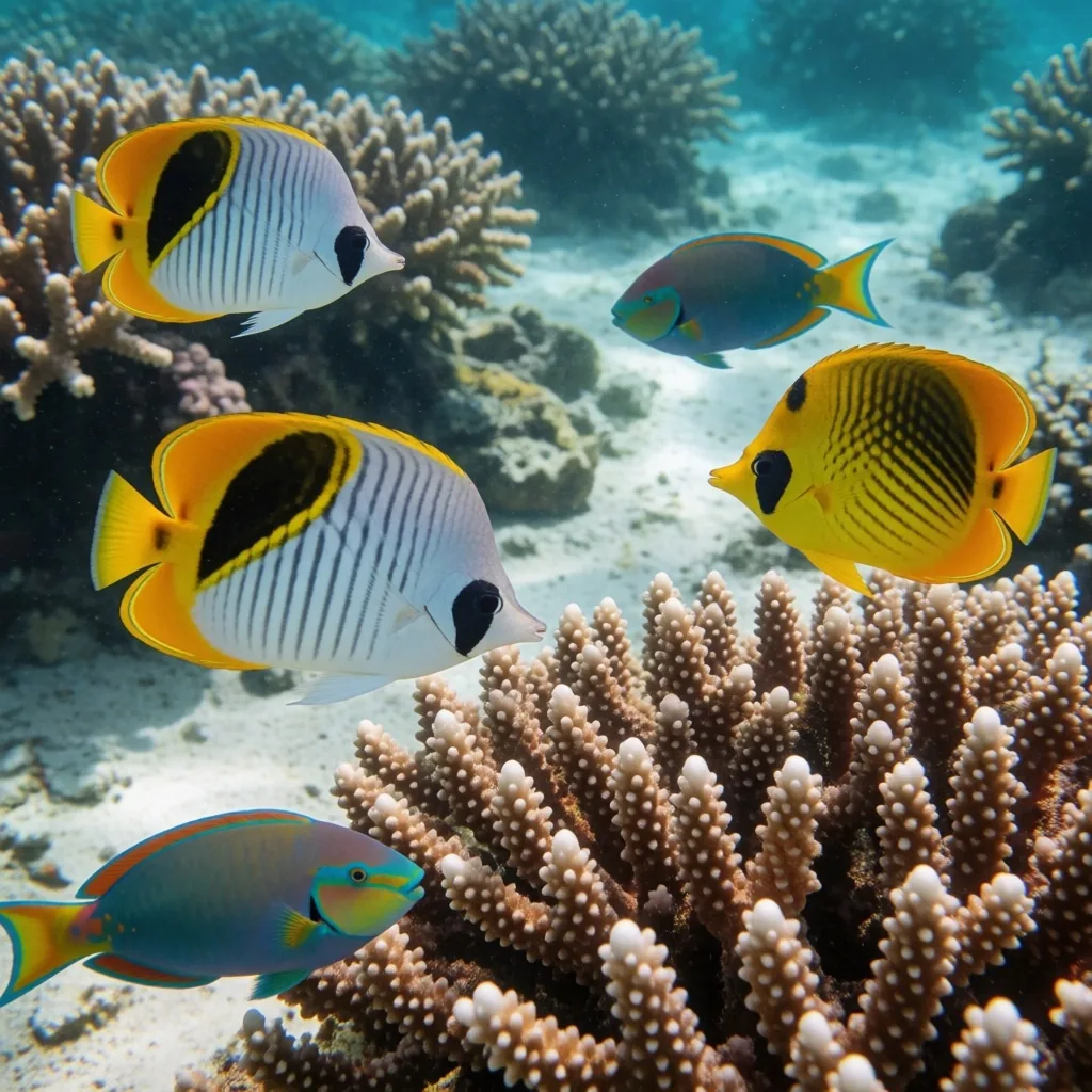 Schools of tropical fish in clear Red Sea water