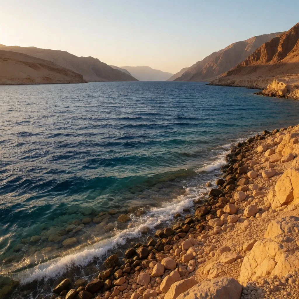 Sinai mountains dropping into the Gulf of Aqaba with palm trees near the water