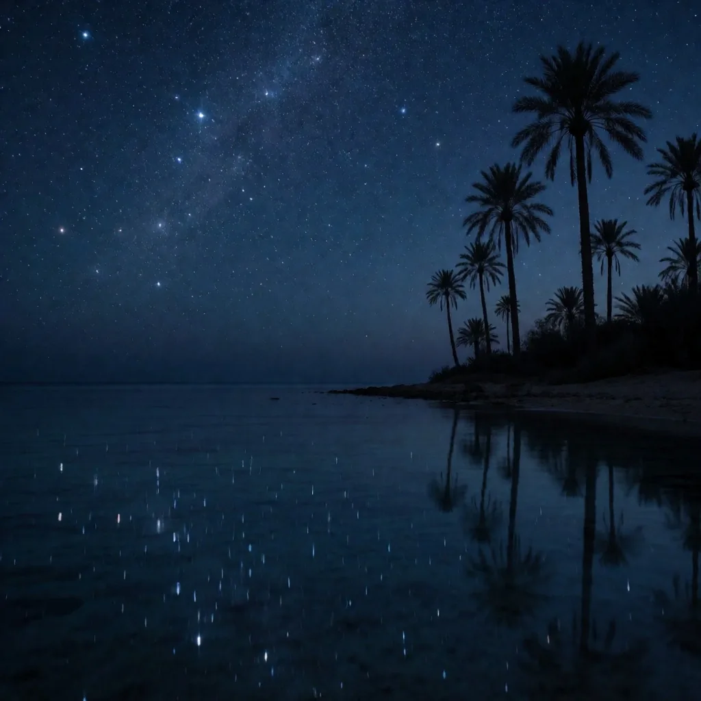 Starry night sky reflecting on calm Red Sea water with palm silhouettes