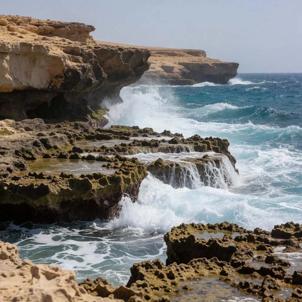 Windy southern Red Sea coastline with coral platforms