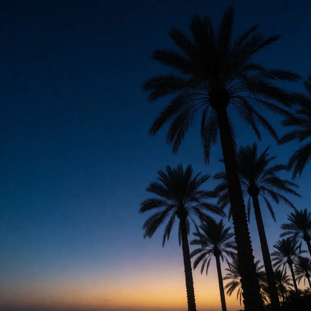 Palm trees against a deep blue twilight sky along the Egyptian coast