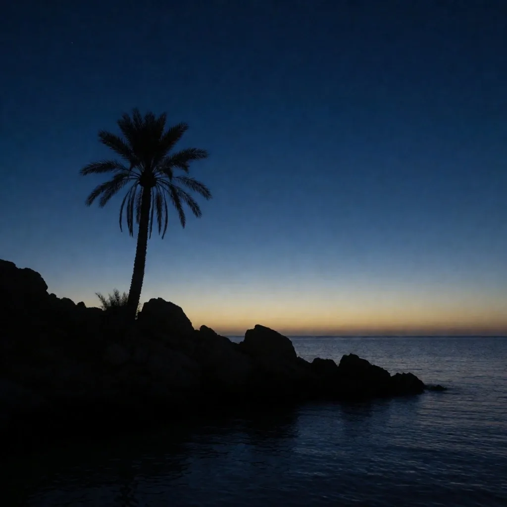Lone palm tree silhouette on a rocky island in calm dark sea