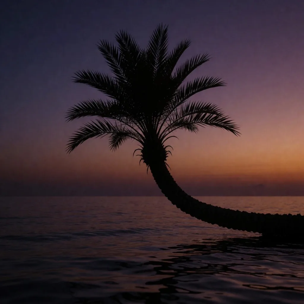 Palm tree silhouette against a twilight sky over the Red Sea coast