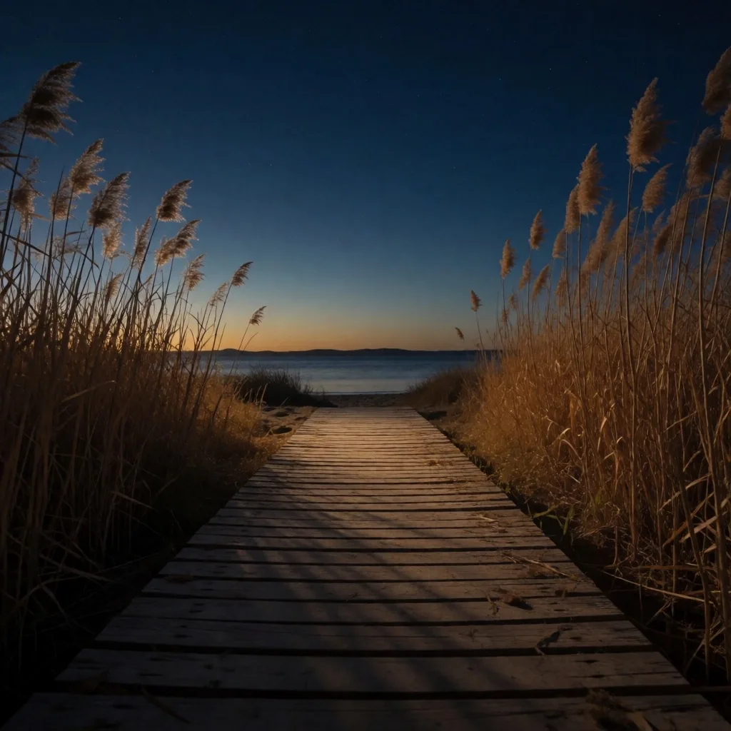 Wooden walkway through reeds toward the sea at dusk