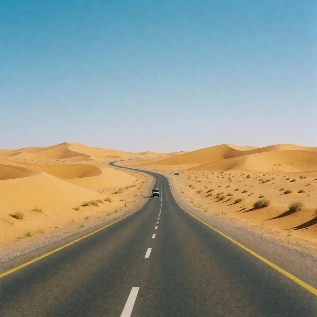 A desert road stretching between oases