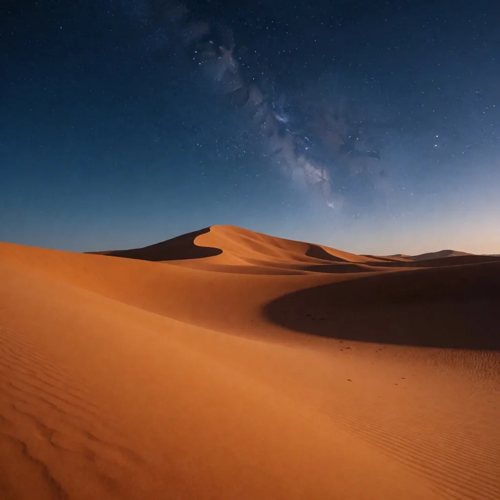 Empty desert landscape at twilight under a star-filled sky
