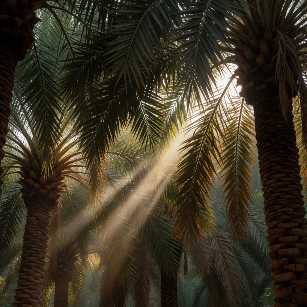 Looking up through a dense canopy of date palms
