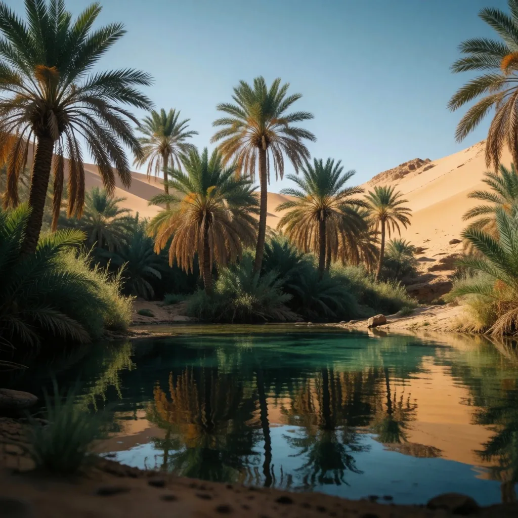 Palm grove silhouettes against a twilight desert sky
