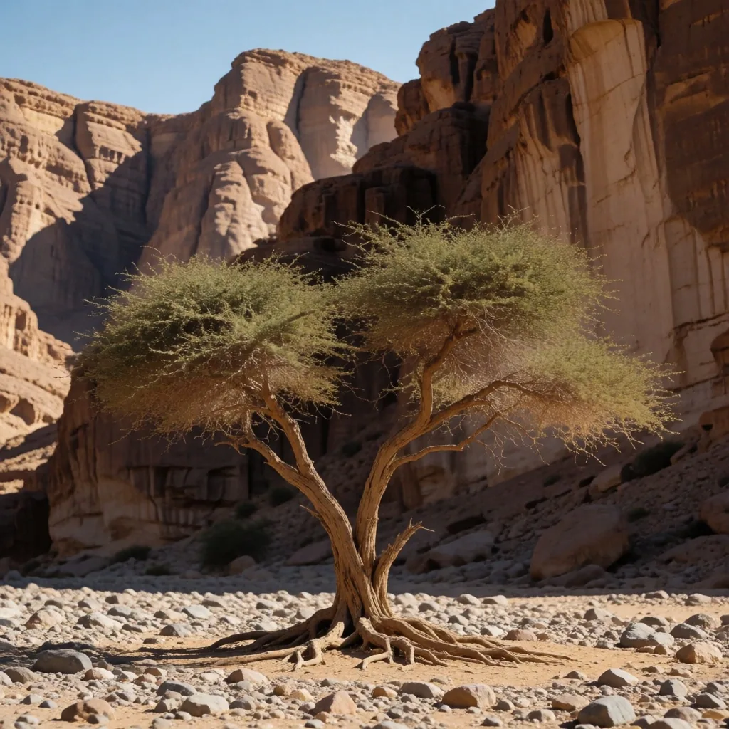 Acacia tree in a rocky desert wadi