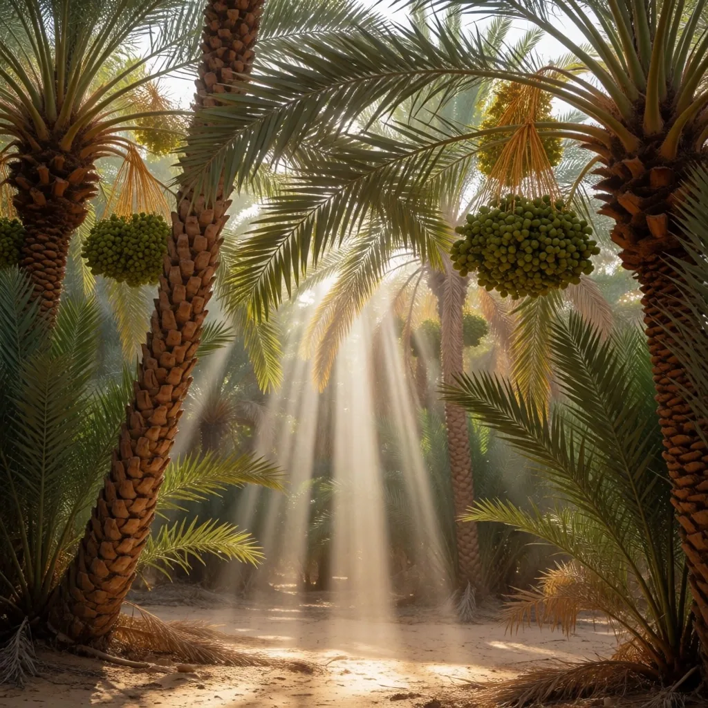 Dense palm grove in a desert oasis