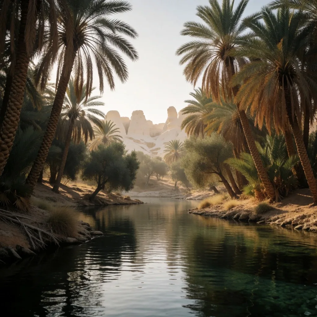 Desert oasis spring surrounded by palms