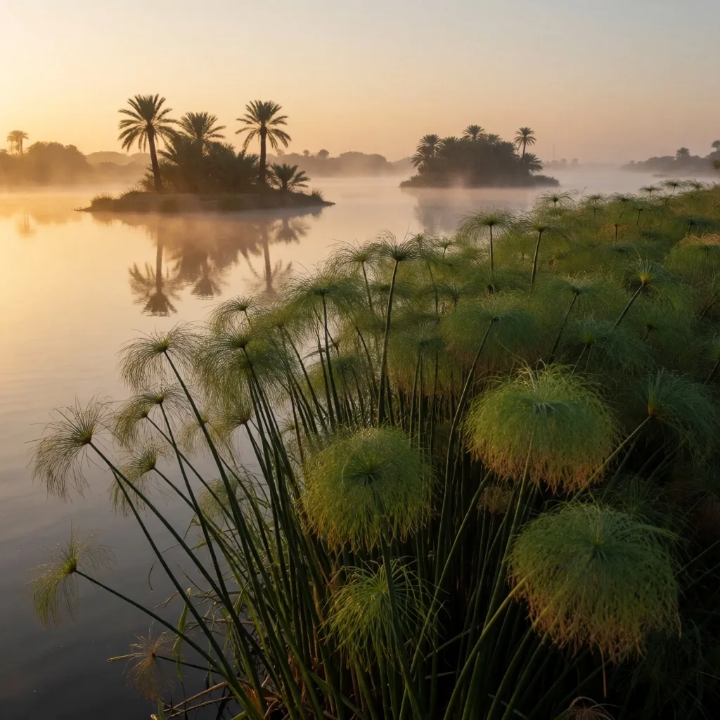 Nile River at dawn with reeds and palm islands