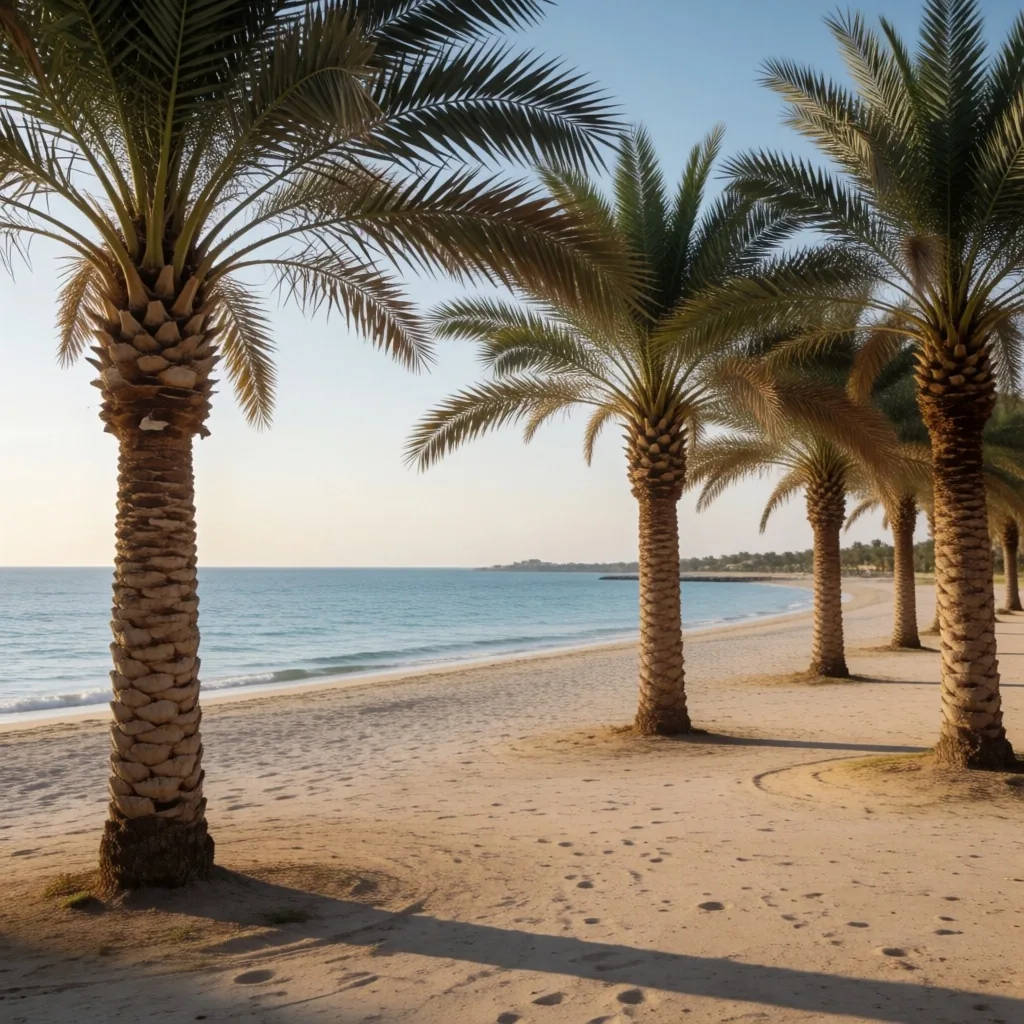 Red Sea coastal bay with palm-lined shore