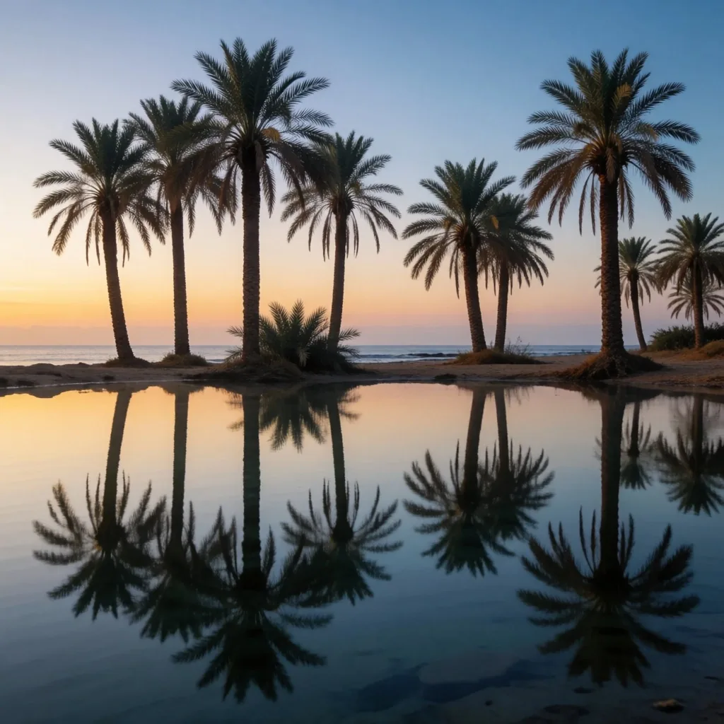 Palm trees reflected in calm water at dawn