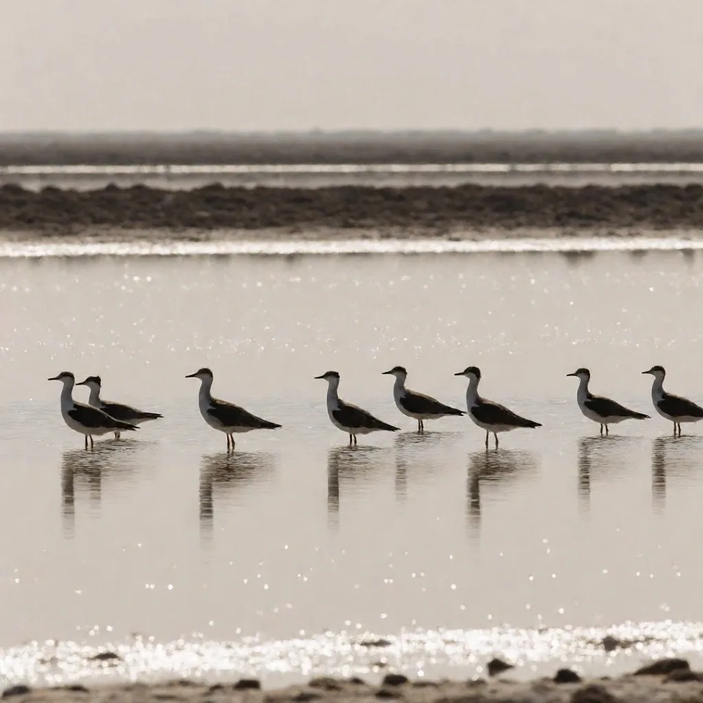 Migratory flamingos in a shallow saltwater lagoon