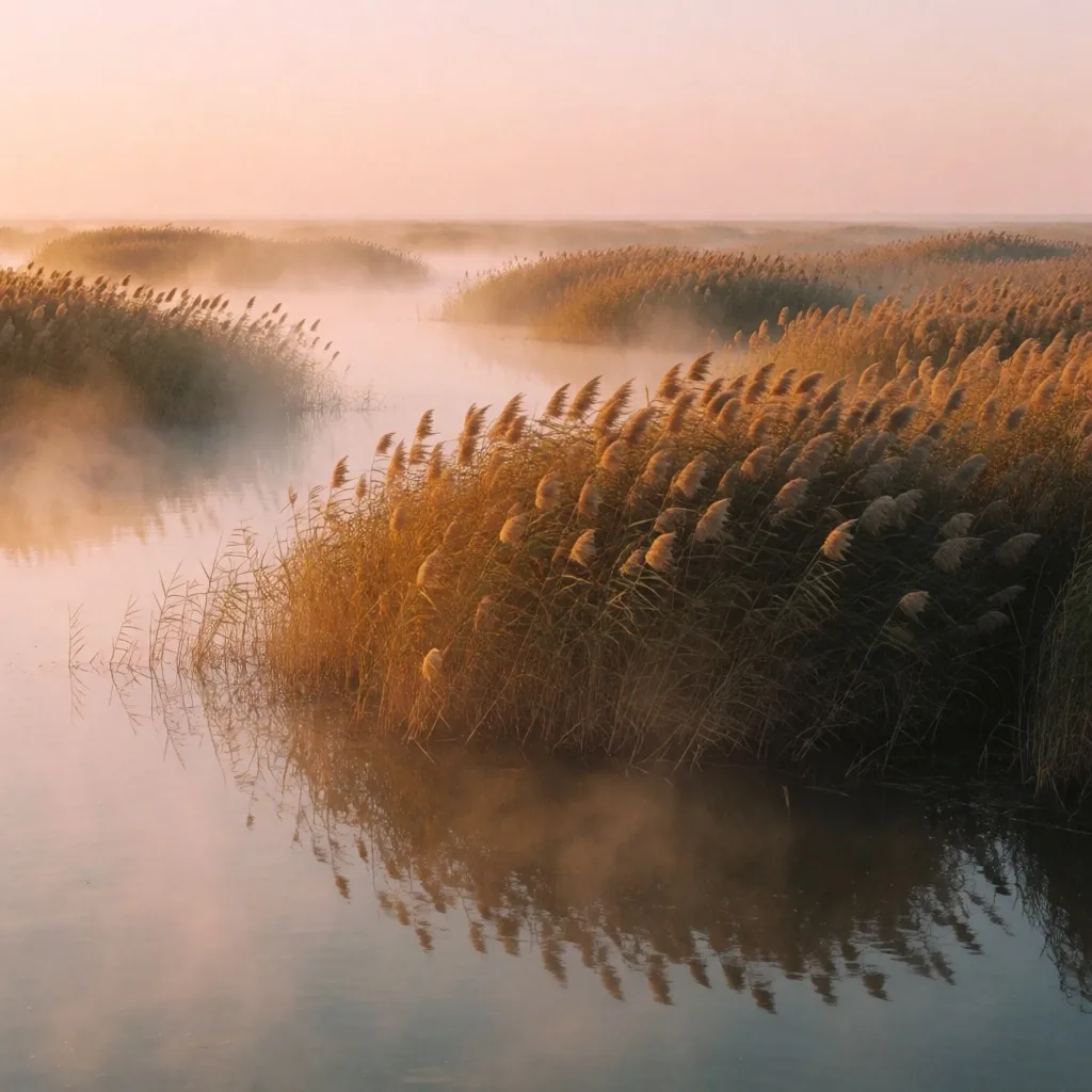 Reed beds at a coastal lagoon at dawn