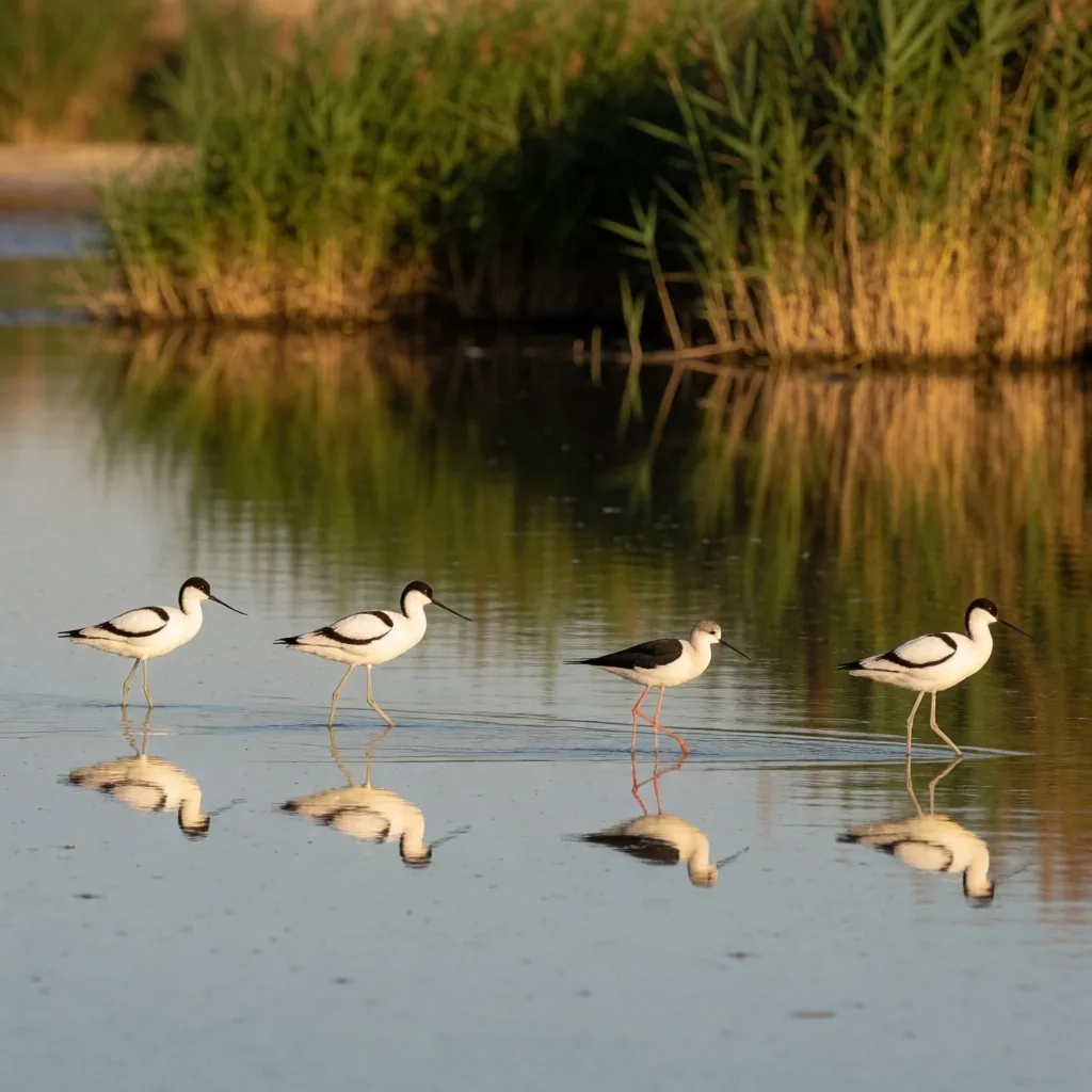 Wading shorebirds feeding in a lagoon