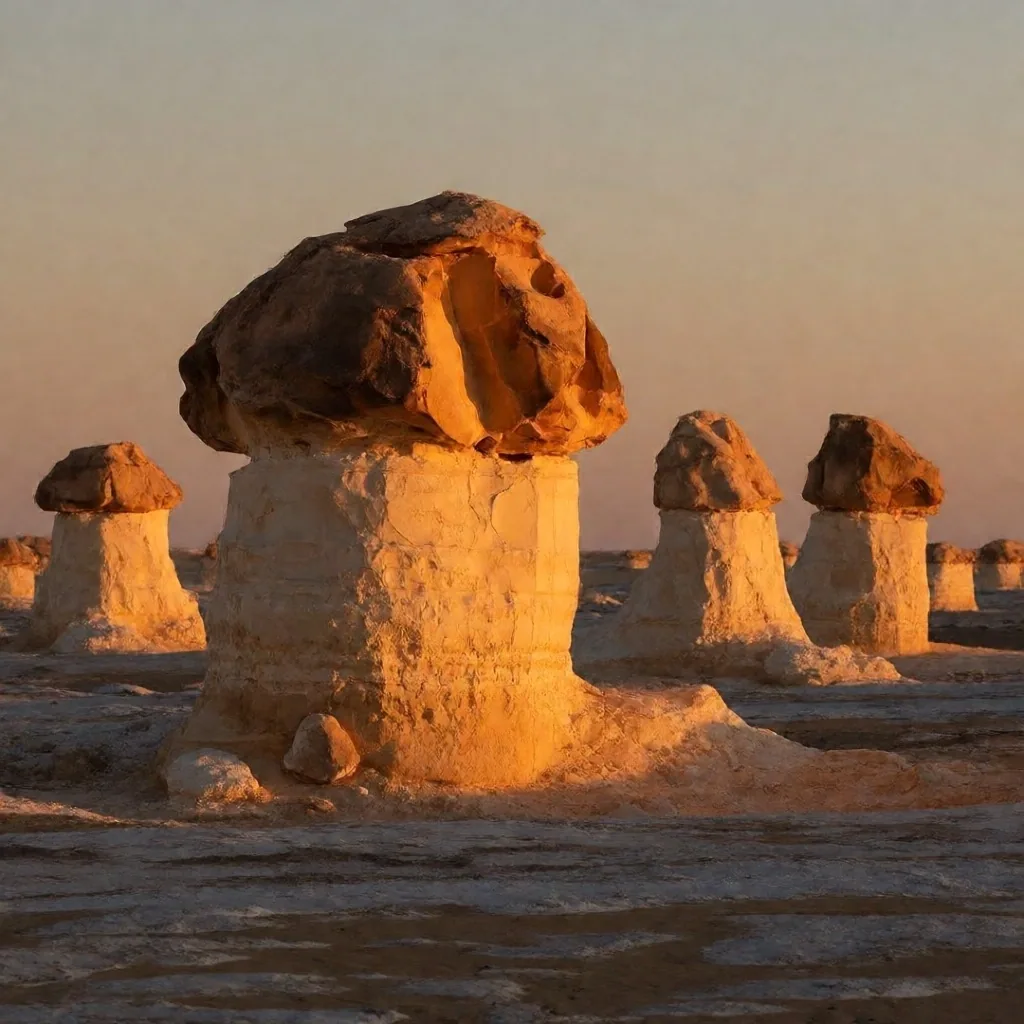White chalk formations in the White Desert at sunset