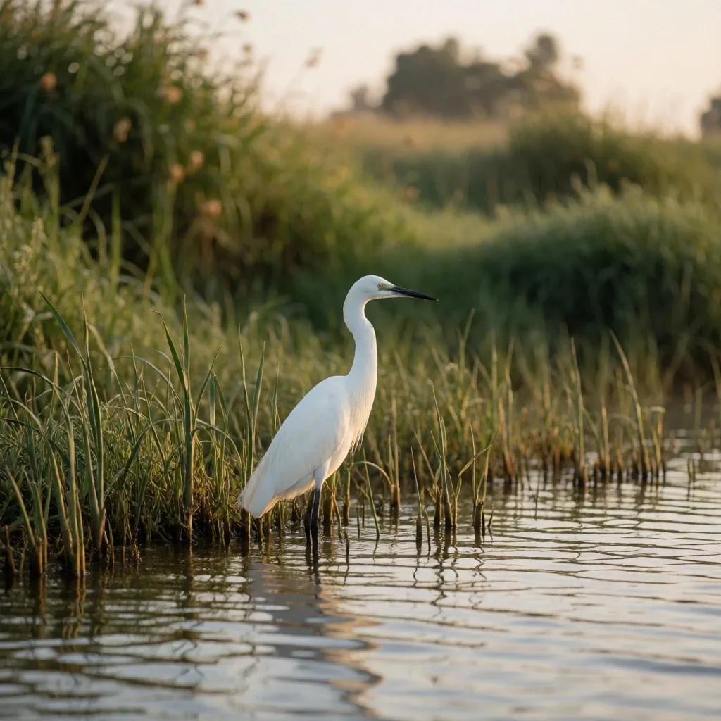 A white egret wading in shallow Nile water near reeds