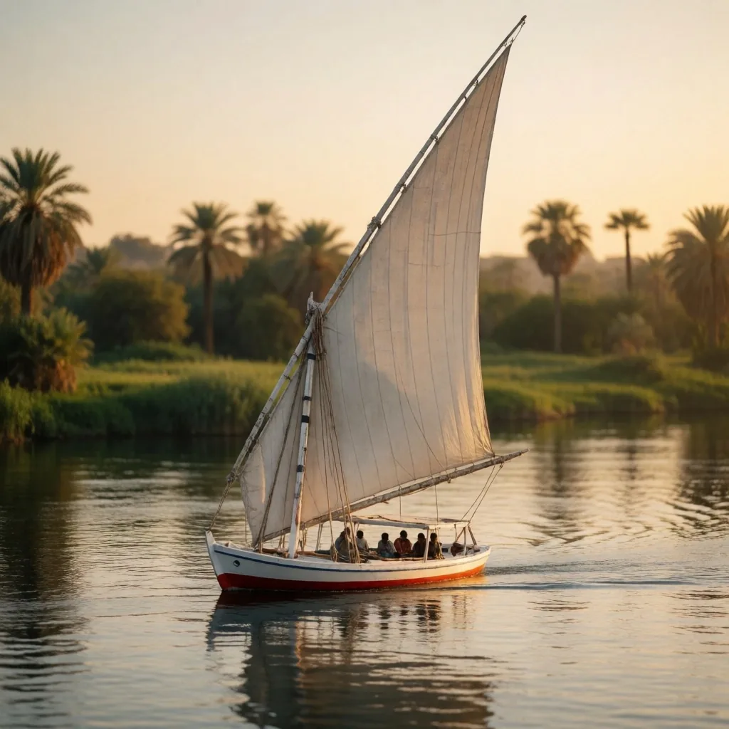 A felucca with white sail on the Nile at late afternoon