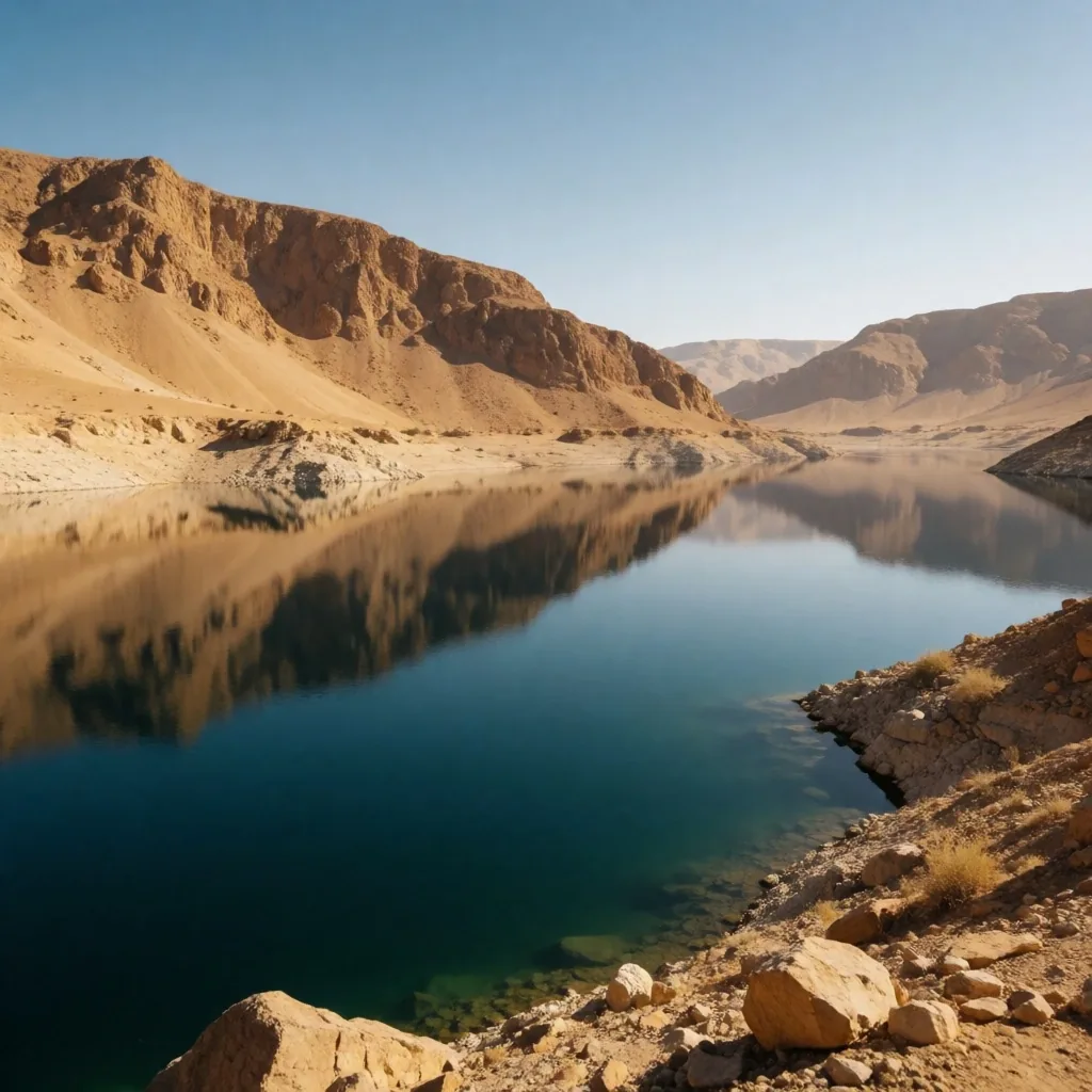 A calm reservoir surrounded by desert mountains in southern Egypt