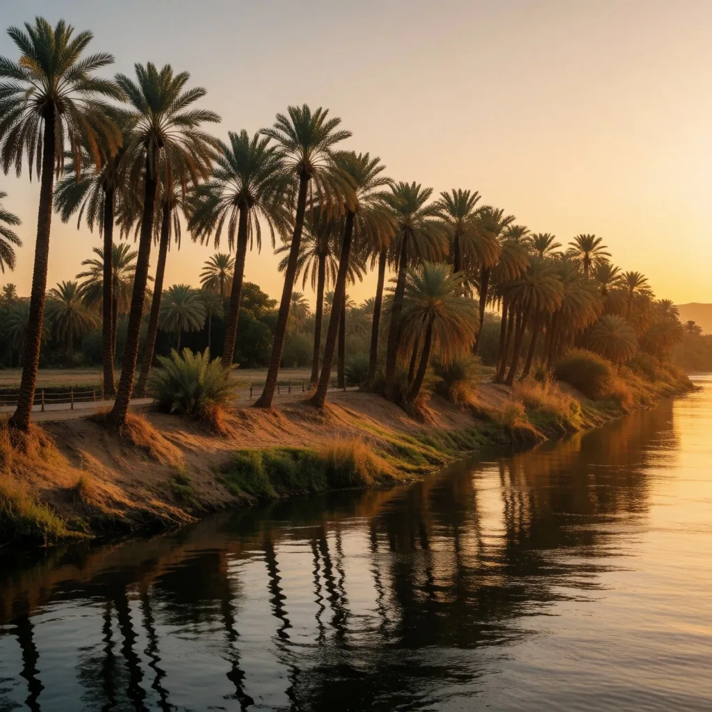 Date palms lining the Nile shore at golden hour