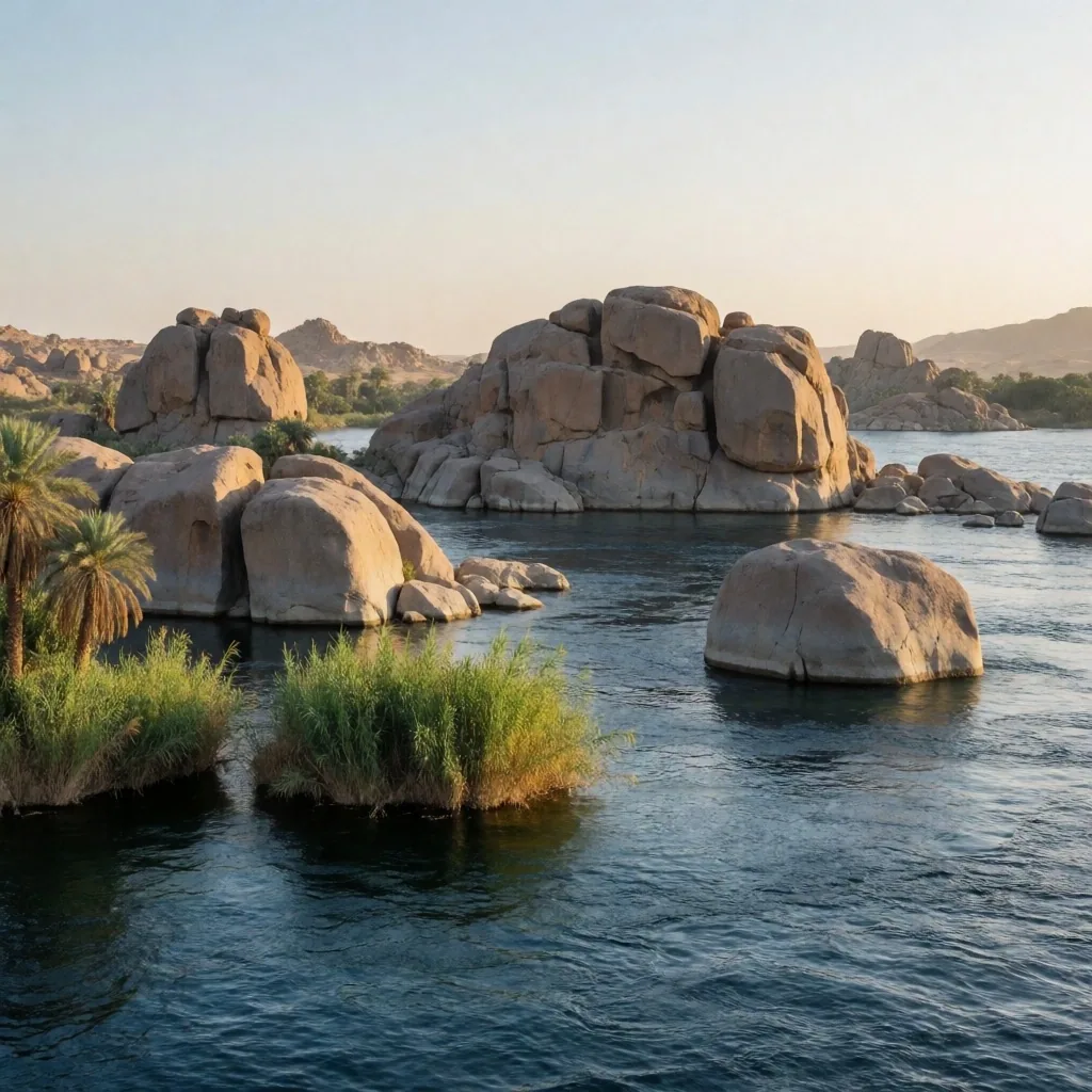 Granite boulders and green islands at the First Cataract near Aswan