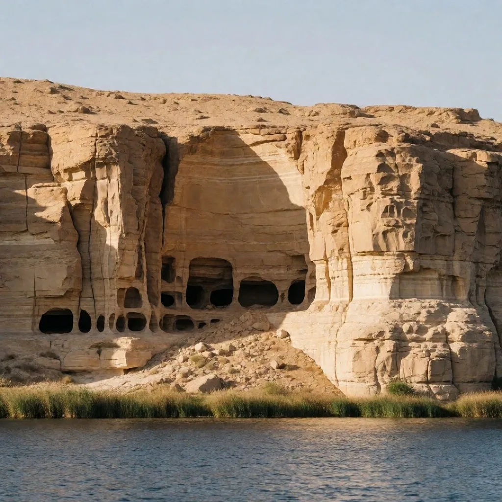 Limestone cliff base along the Nile with erosion caves