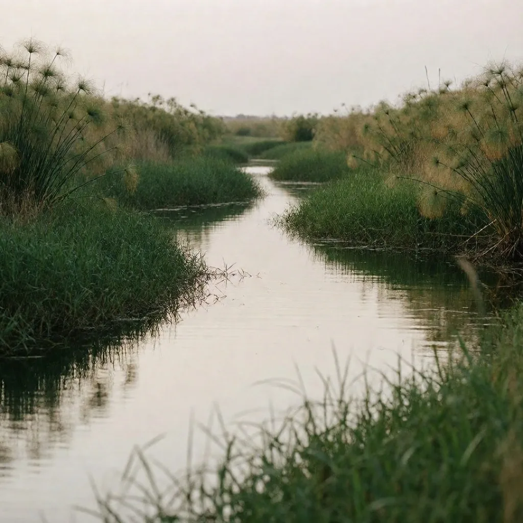 Nile Delta wetlands with water channels through green marshland