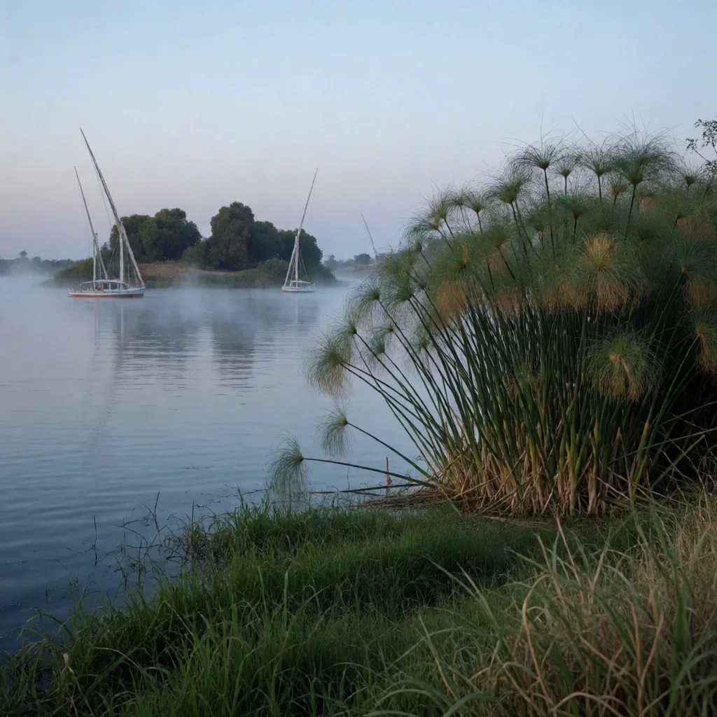 Palm silhouettes along the Nile at dusk