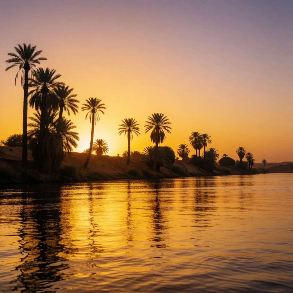 Sunset over the Nile with palm silhouettes and pink-gold sky