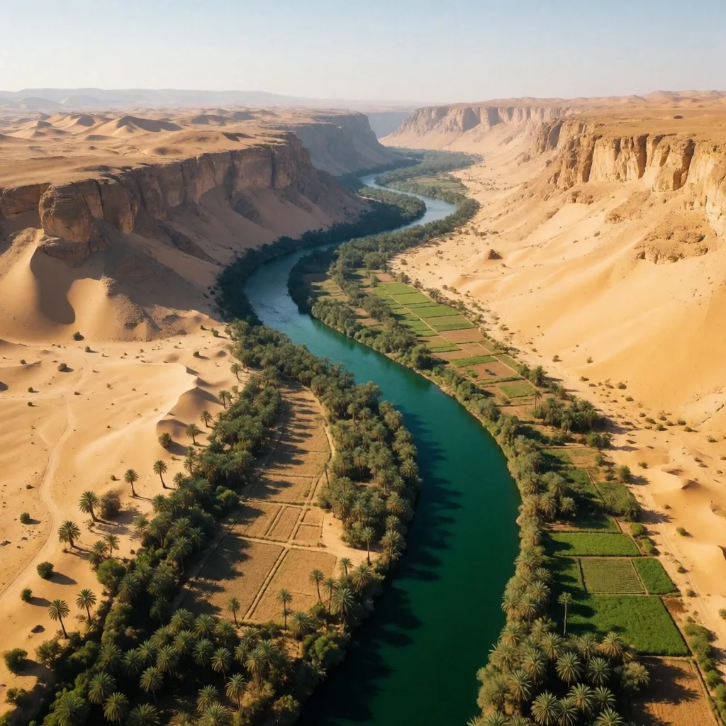 The Nile valley from above showing the green river strip between desert cliffs