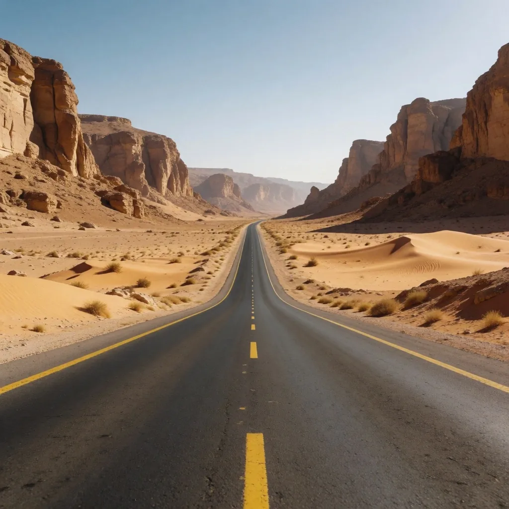 Desert road leading toward a distant plateau in Egypt