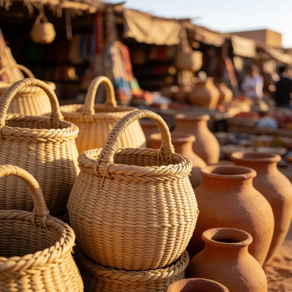 Market stall with woven goods in warm afternoon light