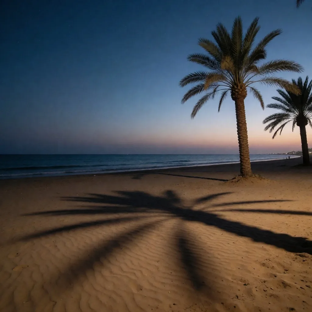 Palm silhouettes against a deep blue dusk sky on the Egyptian coast