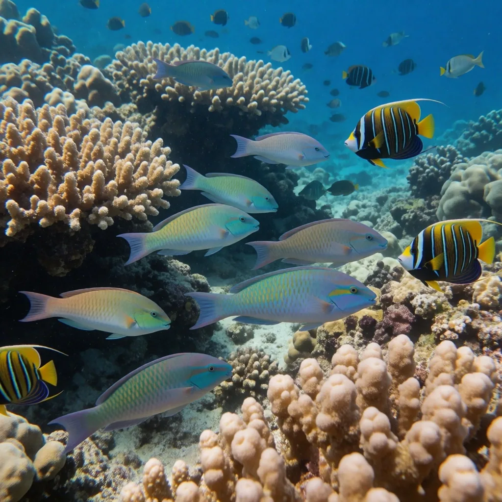Colorful reef fish among branching coral