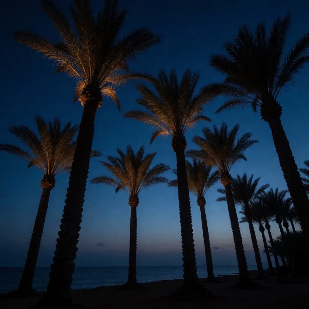 Palm trees silhouetted against a deep blue twilight sky on the Red Sea coast