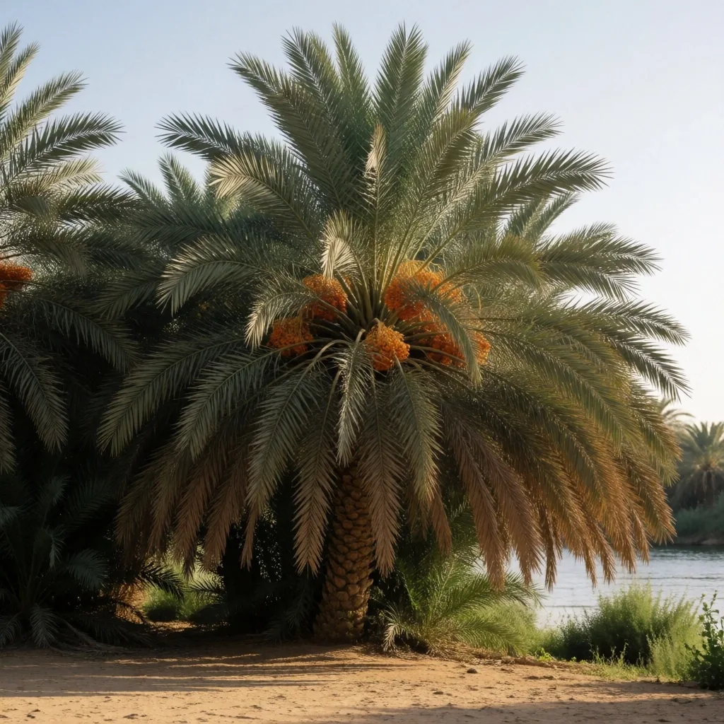 Date palm with ripening fruit