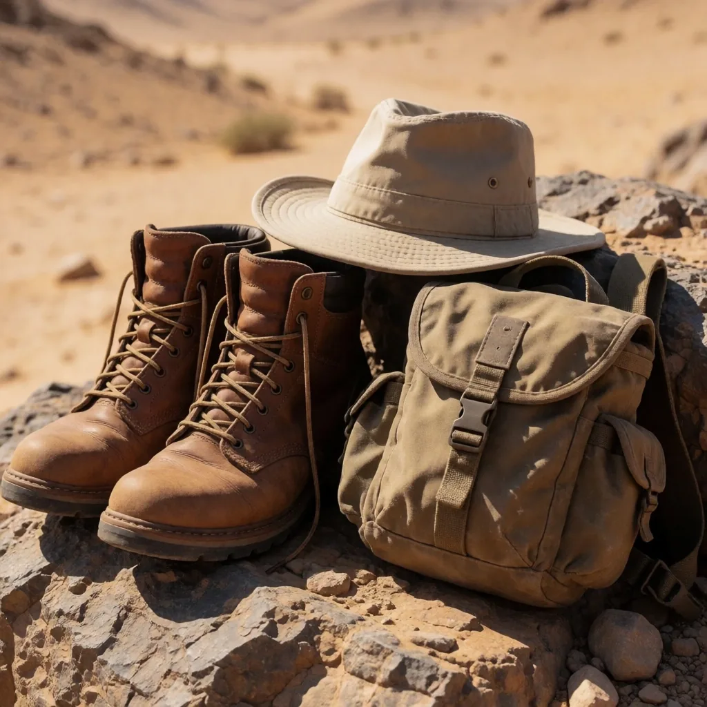 Desert trekking gear arranged on sand