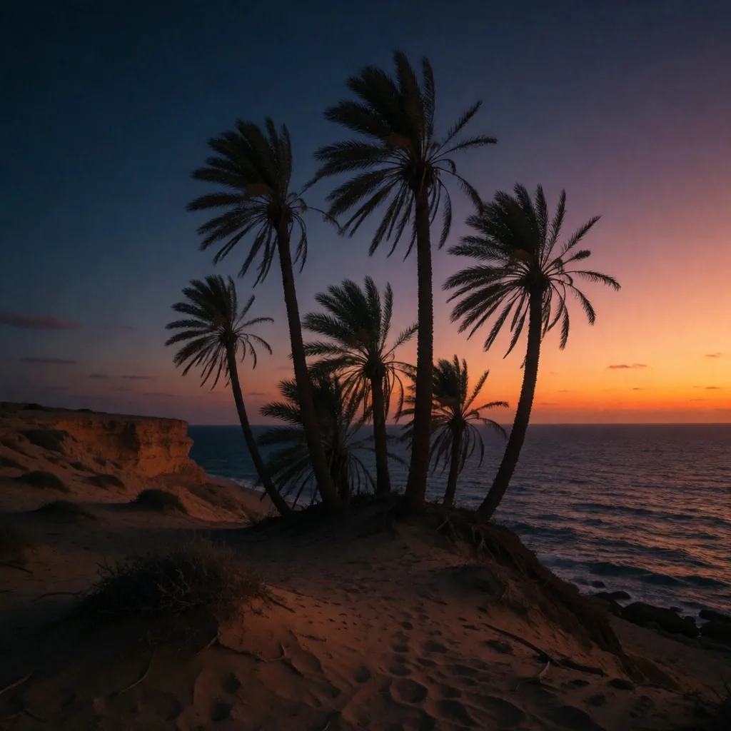 Palm silhouettes against twilight sky on the Egyptian coast