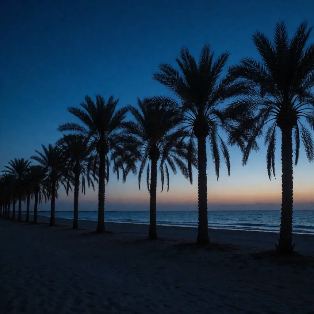 Palm silhouettes over the Red Sea at dusk